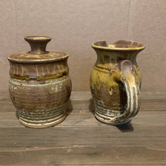 Signed Studio Art Pottery Stoneware Creamer Pitcher Sugar Bowl By Spring RI - Picture 4 of 14